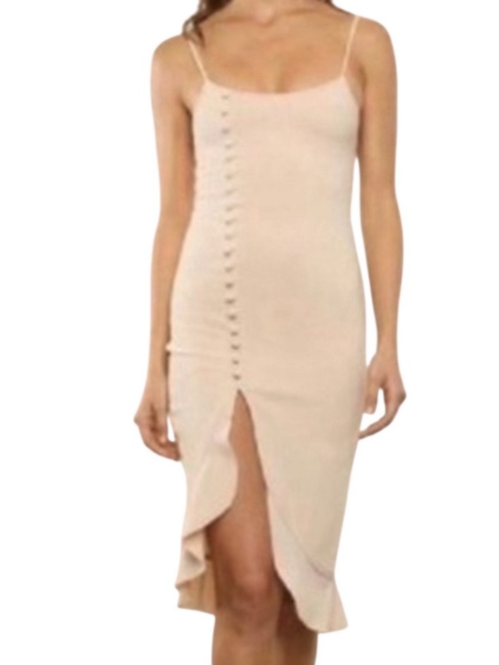 Fletch Stella‎ Ribbed Midi Dress Button Detail Ruffle Slit Bodycon Size M